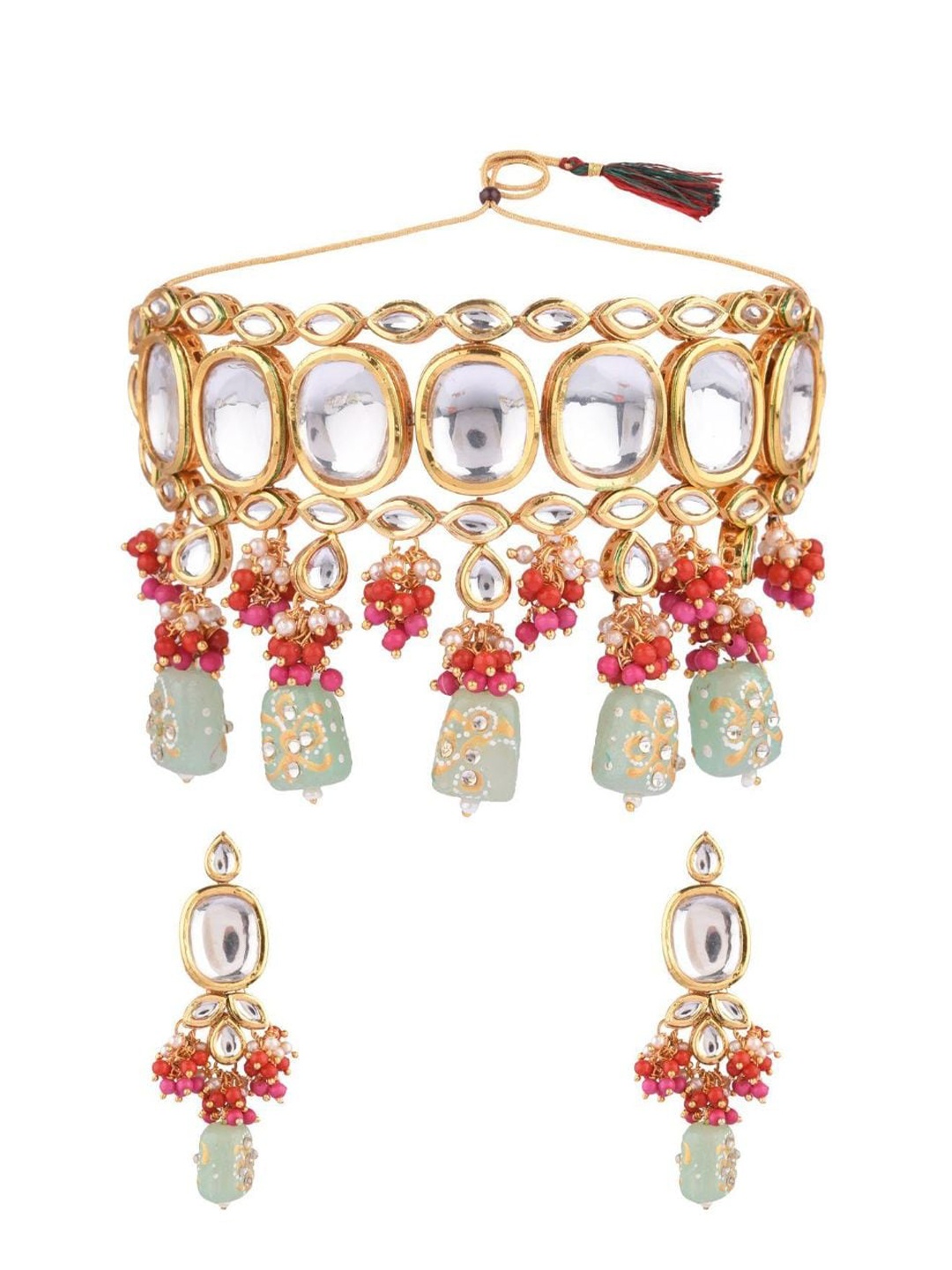 

Efulgenz Gold-Plated Red & Green Kundan-Studded Jewellery Set