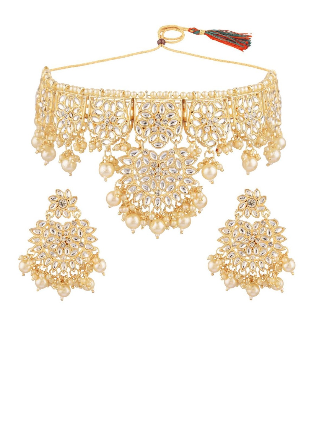 

Efulgenz Gold-Plated White Crystal-Studded & Pearl Beaded Jewellery Set