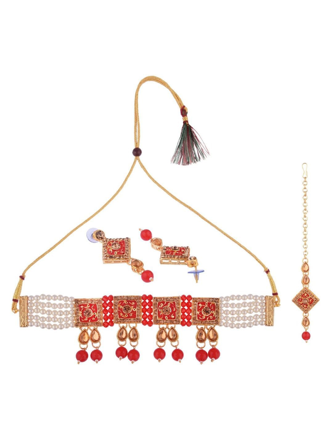 

Efulgenz Women Gold-Plated Red Crystal-Studded & Beaded Jewellery Set