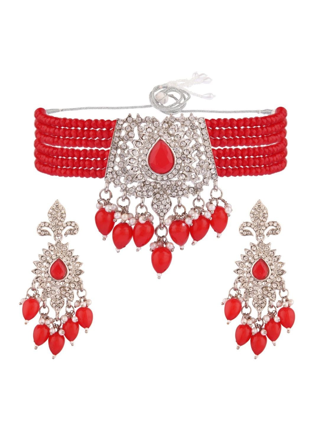 

Efulgenz Women Red & Rhodium-Plated Layered Choker Necklace Set