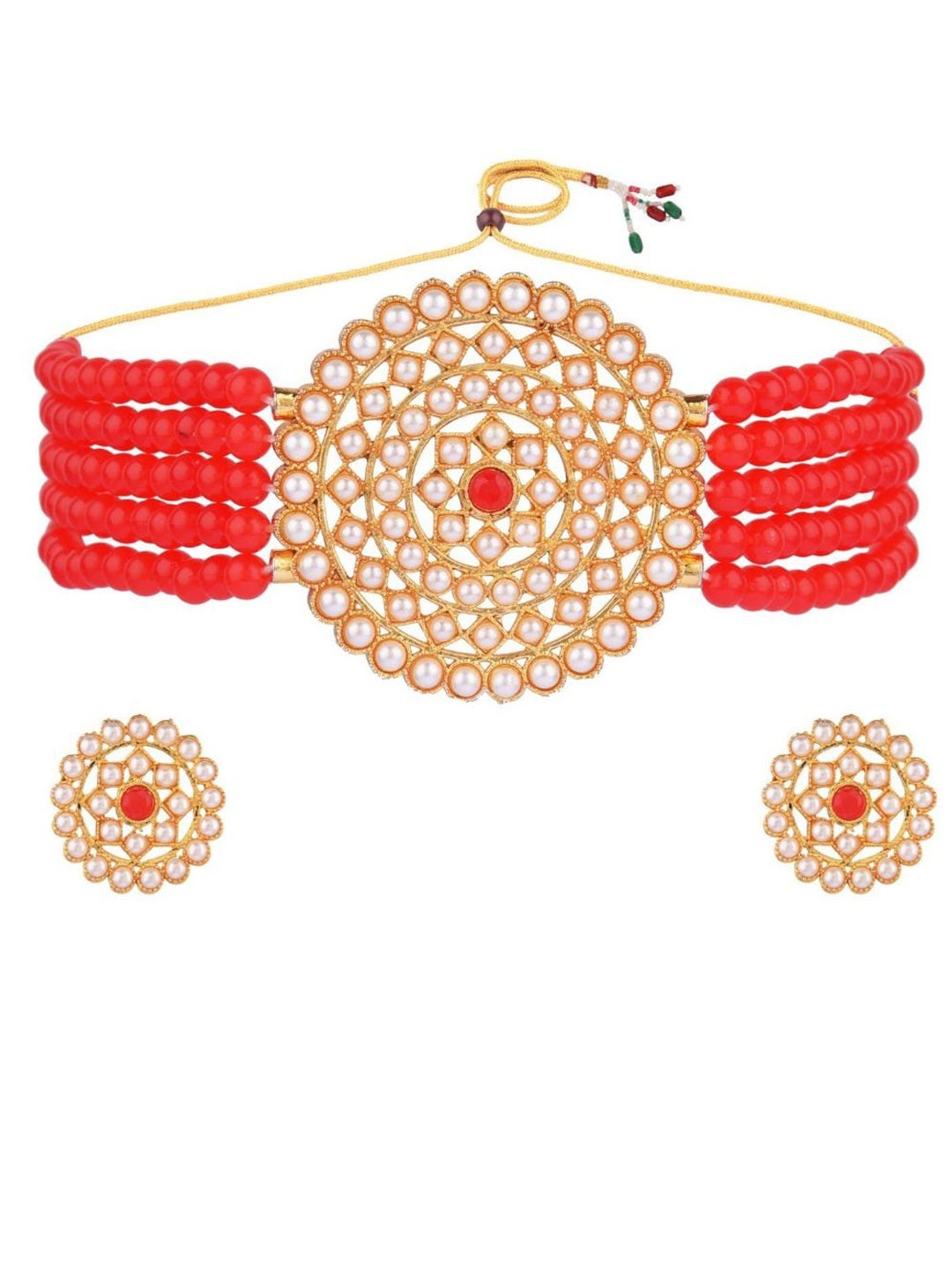 

Efulgenz Women Gold-Plated White & Red Pearl Beaded Jewellery Set