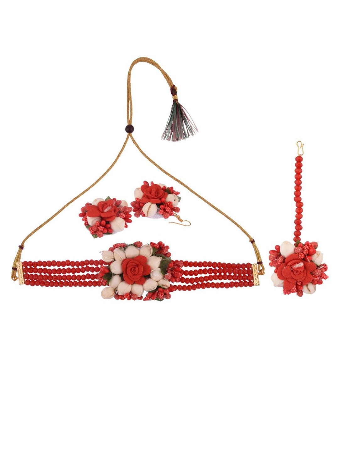 

Efulgenz Women Red Beaded Bridal Floral Haldi Jewellery Set