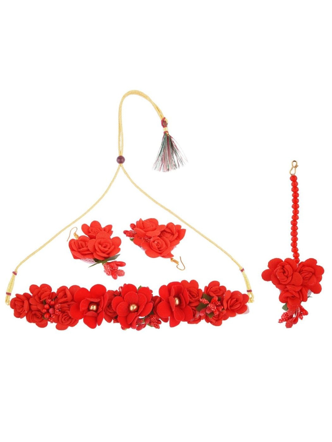 

Efulgenz Red Beaded Bridal Floral Haldi Jewellery Set