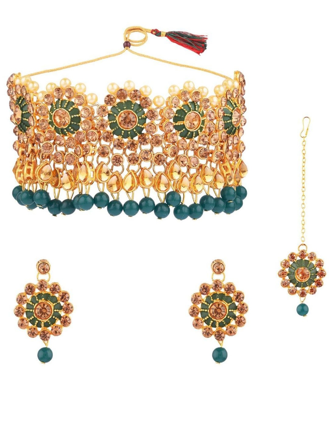 

Efulgenz Efulgenz Gold-Plated & Green Crystals-Studded Jewellery Set