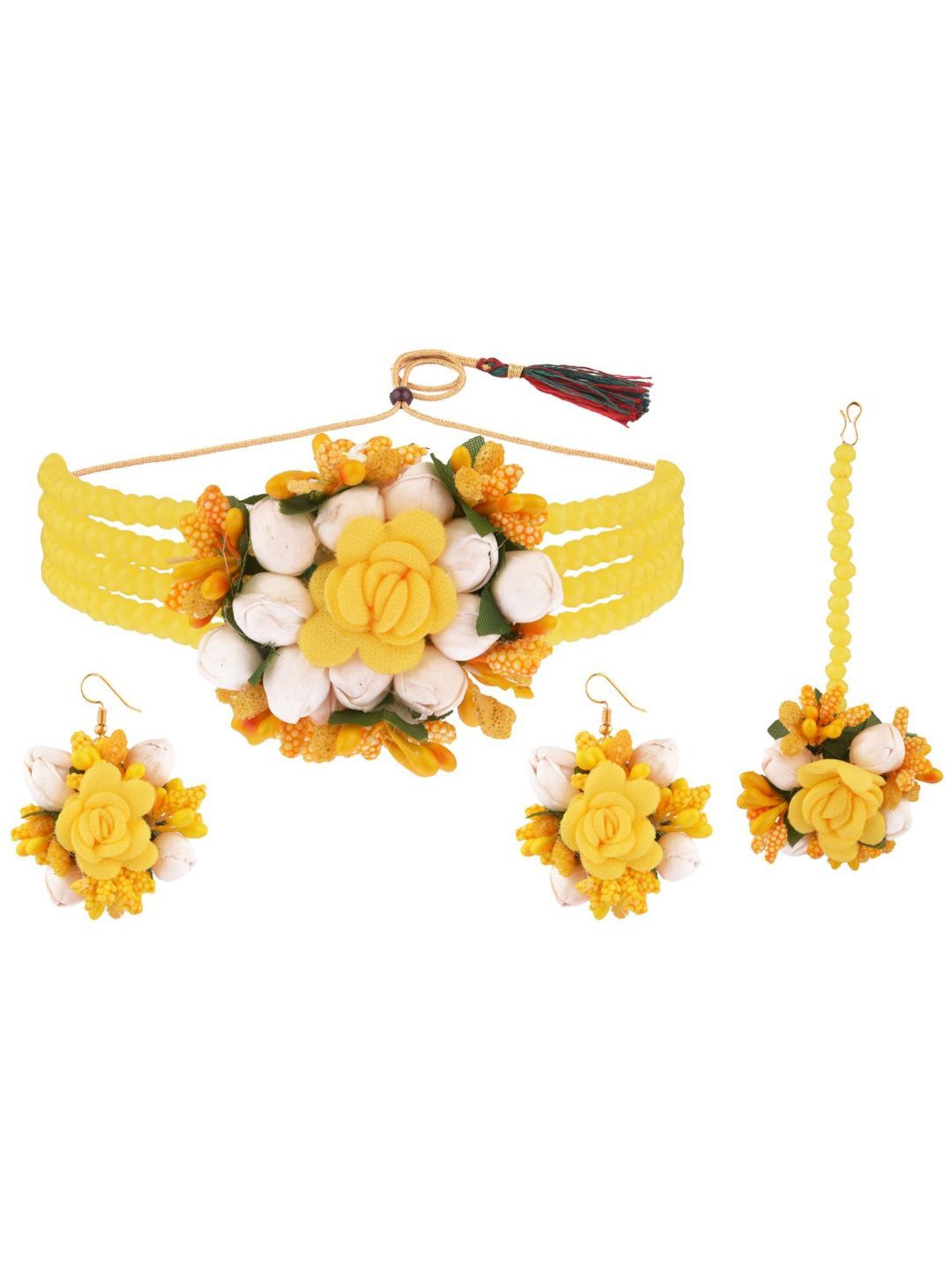 

Efulgenz Gold-Plated Yellow Beaded & White Flower Haldi Jewellery Set