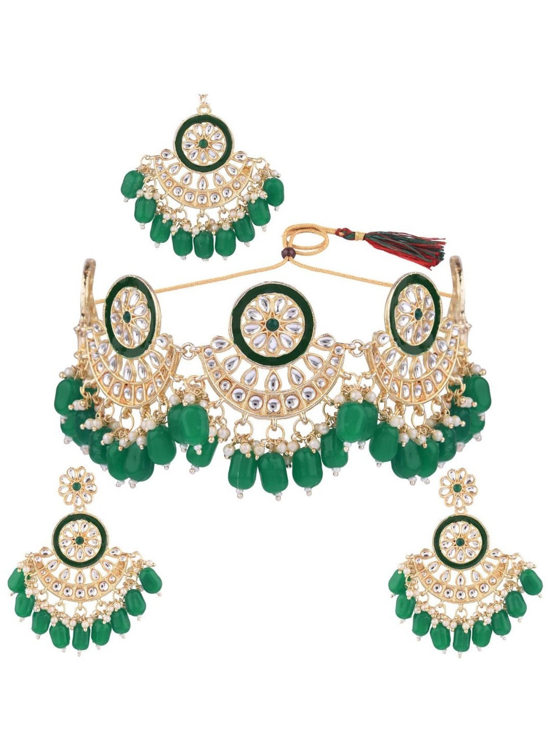 

Efulgenz Gold-Plated Green & White Kundan-Studded Jewellery Set