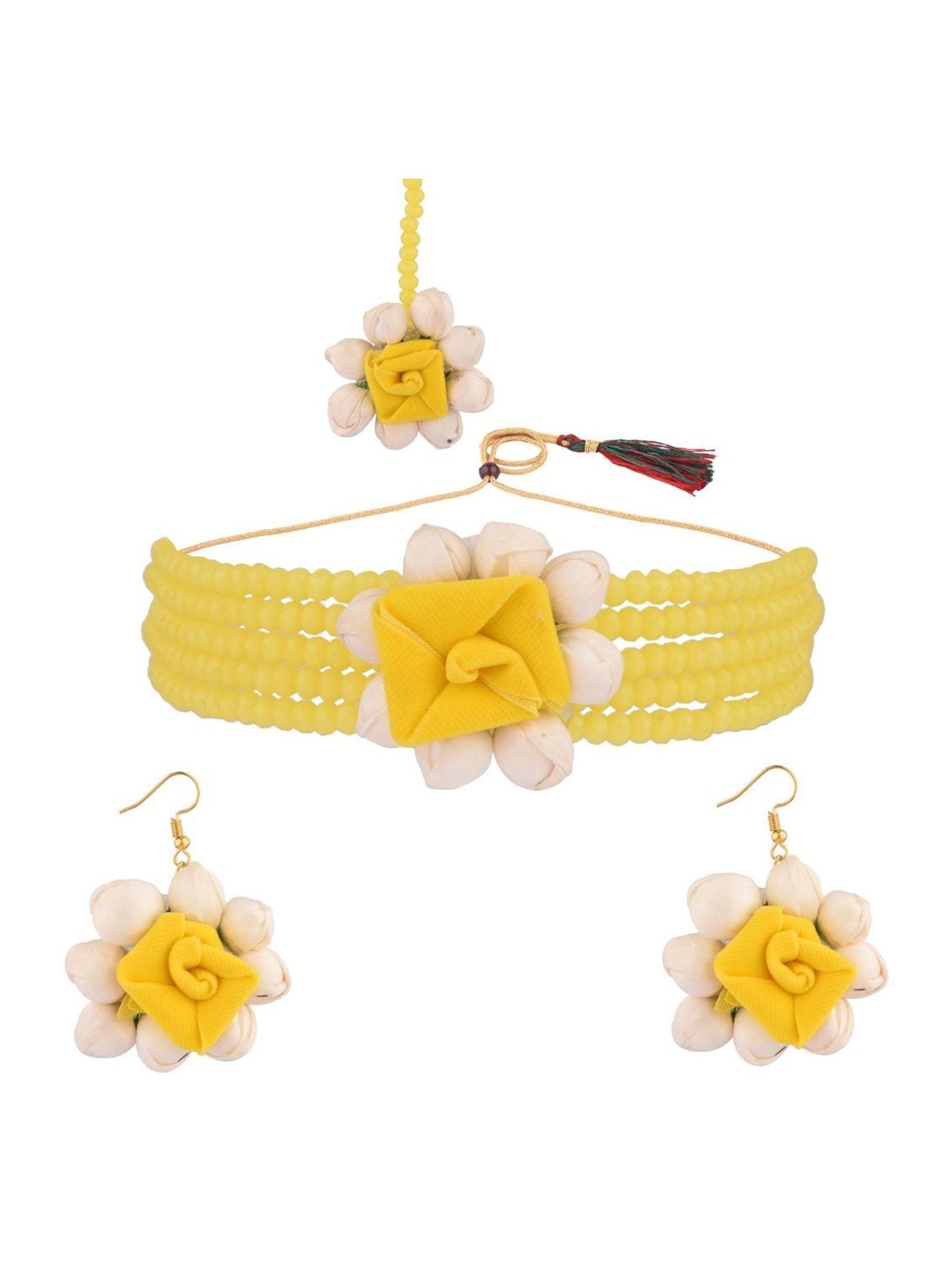 

Efulgenz Women Yellow Beaded Bridal Floral Haldi Jewellery Set