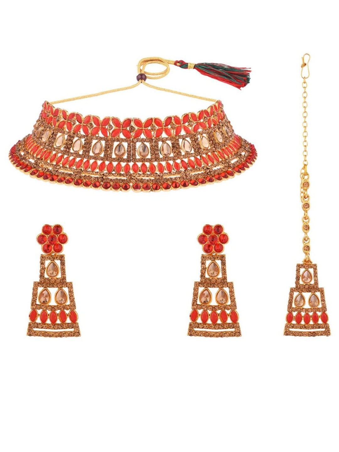 

Efulgenz Gold-Plated Red Crystals Studded Antique Jewellery Set