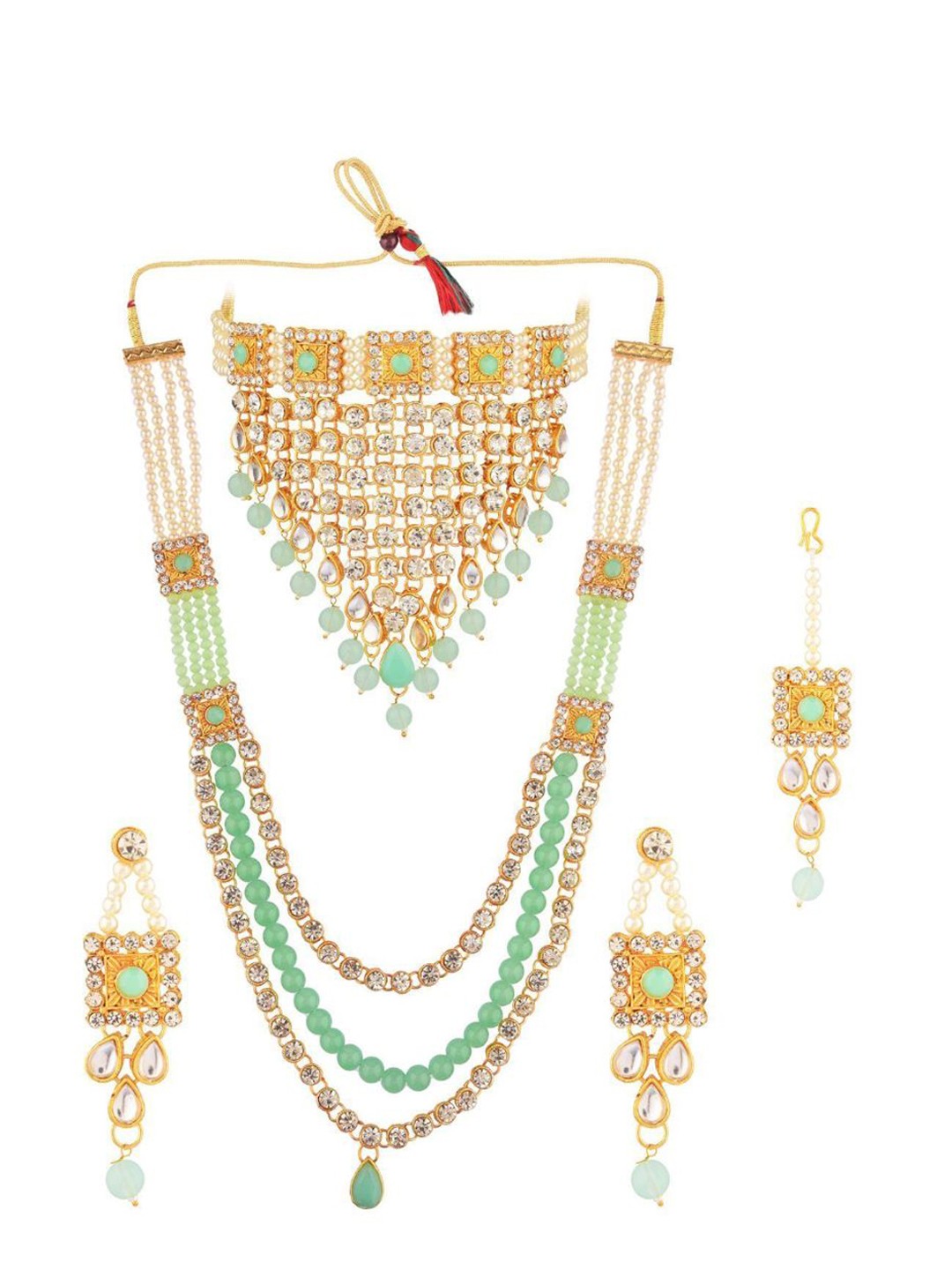 

Efulgenz Gold-Plated Green & White Kundan Studded & Beaded Antique Jewellery Set