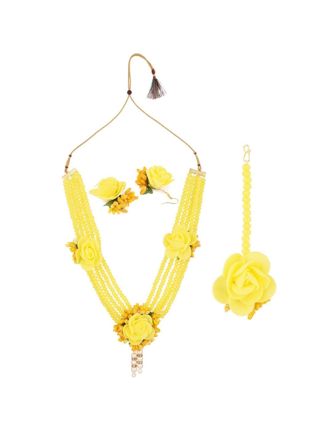 

Efulgenz Gold-Plated Yellow Floral-Studded & Beaded Jewellery Set