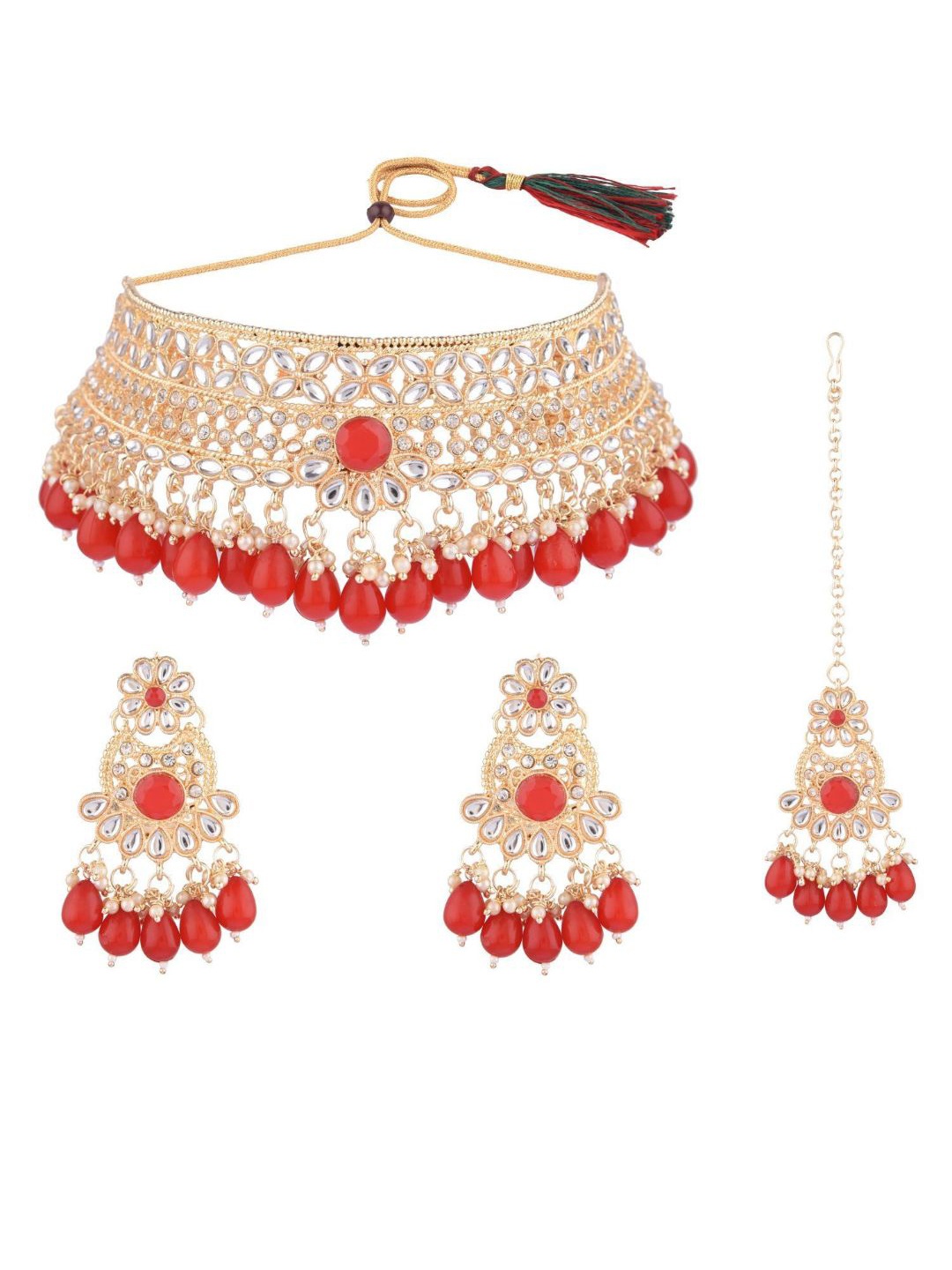 

Efulgenz Gold-Plated Red & White Crystal Studded & Beaded Antique Jewellery Set