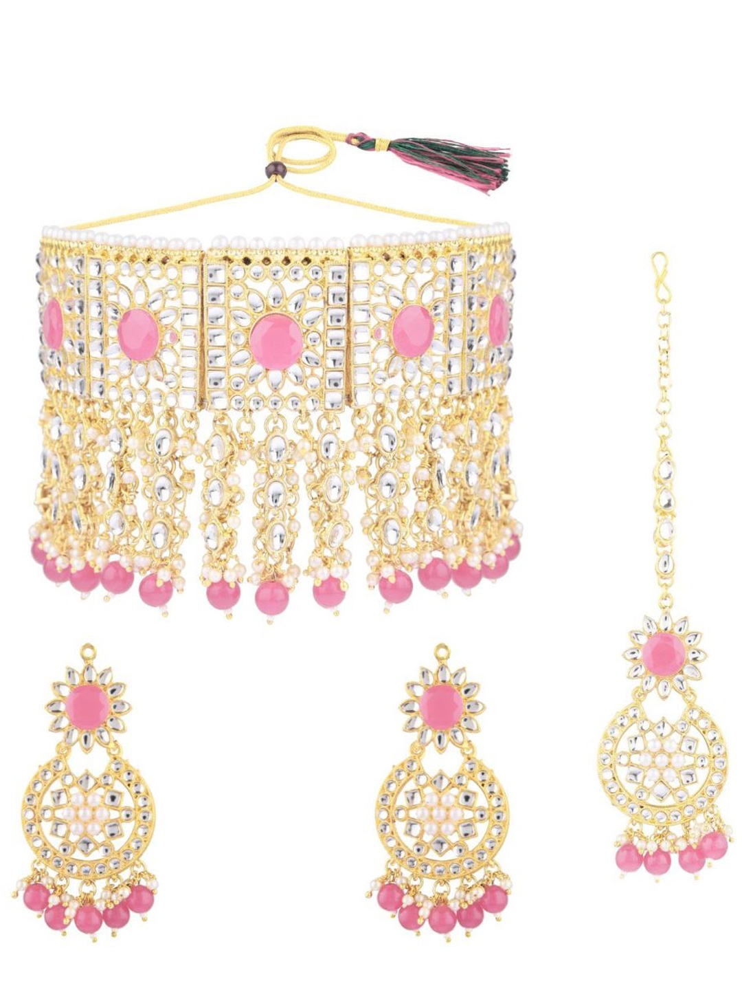 

Efulgenz Gold-Plated Pink & White Studded & Beaded Antique Jewellery Set