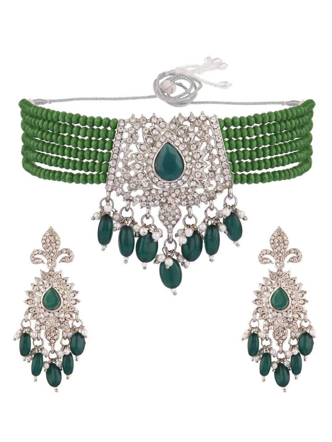 

Efulgenz Rhodium-Plated White & Green Stone-Studded Jewellery Set