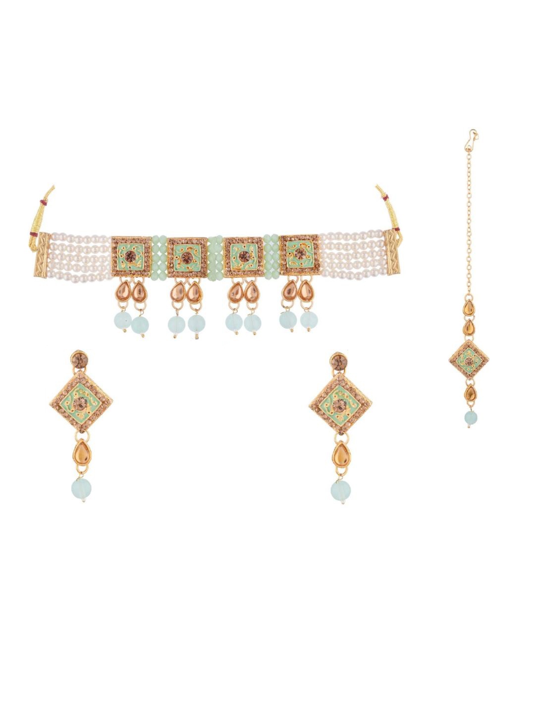 

Efulgenz Gold-Plated Turquoise Blue Crystal Studded Traditional Jewellery Set