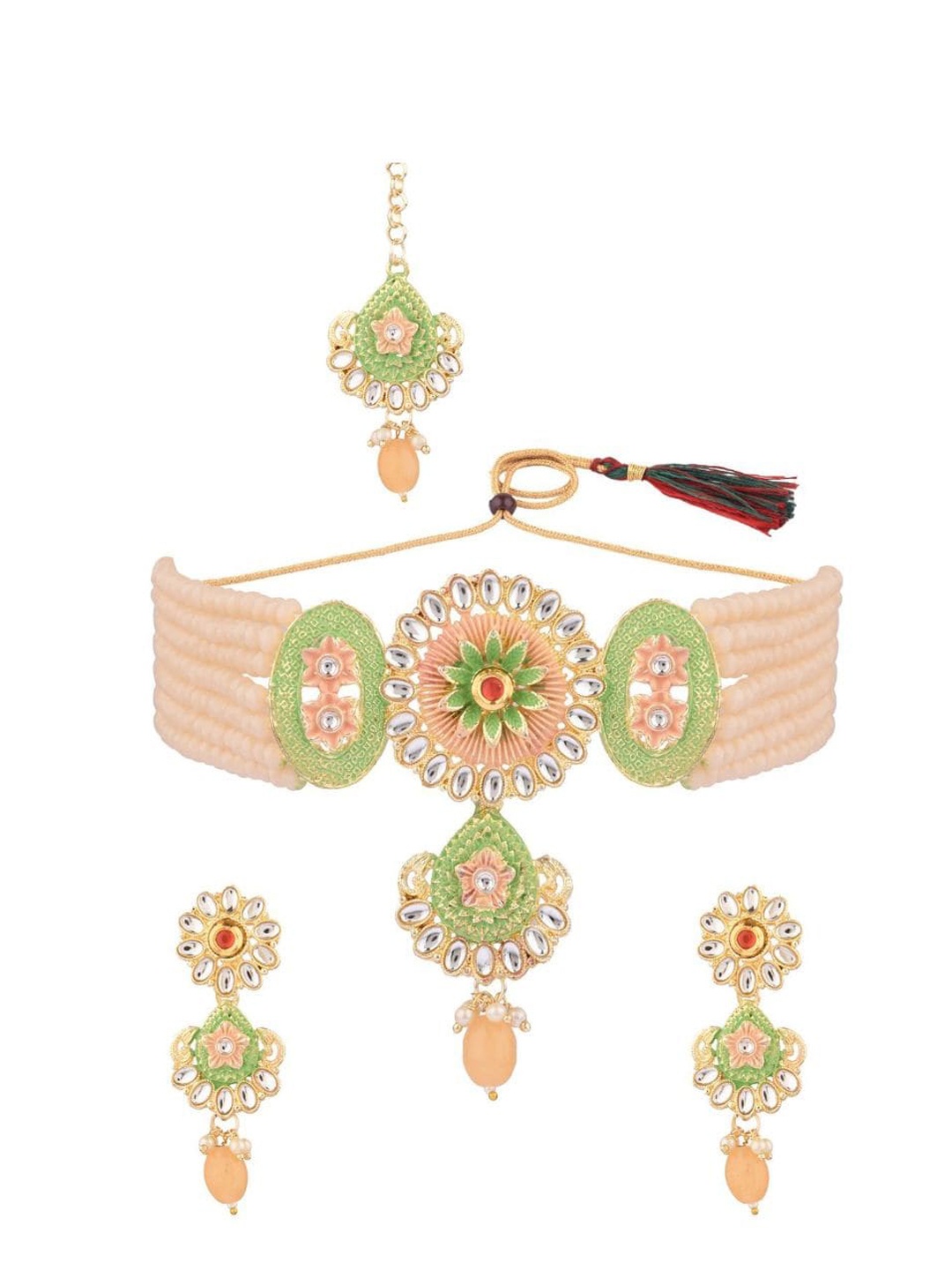 

Efulgenz Gold-Plated Peach Coloured & Green Crystal Studded & Beaded Traditional Jewellery Set