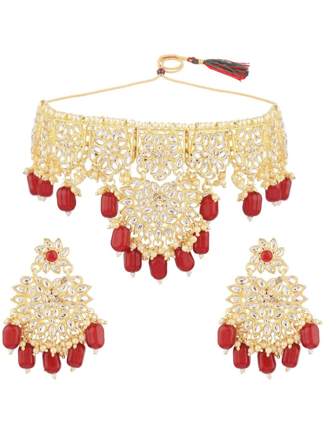 

Efulgenz Gold-Plated Maroon & White Crystal Studded & Beaded Traditional Jewellery Set