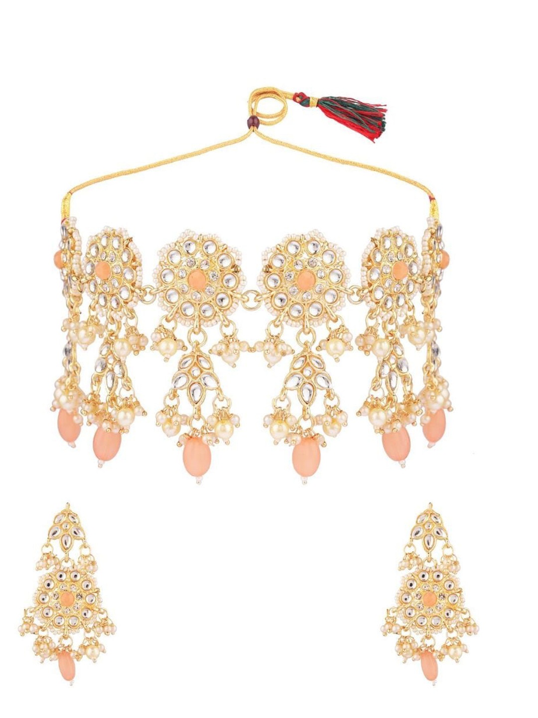 

Efulgenz Gold-Plated White & Peach Coloured Kundan-Studded & Beaded Traditional Jewellery Set