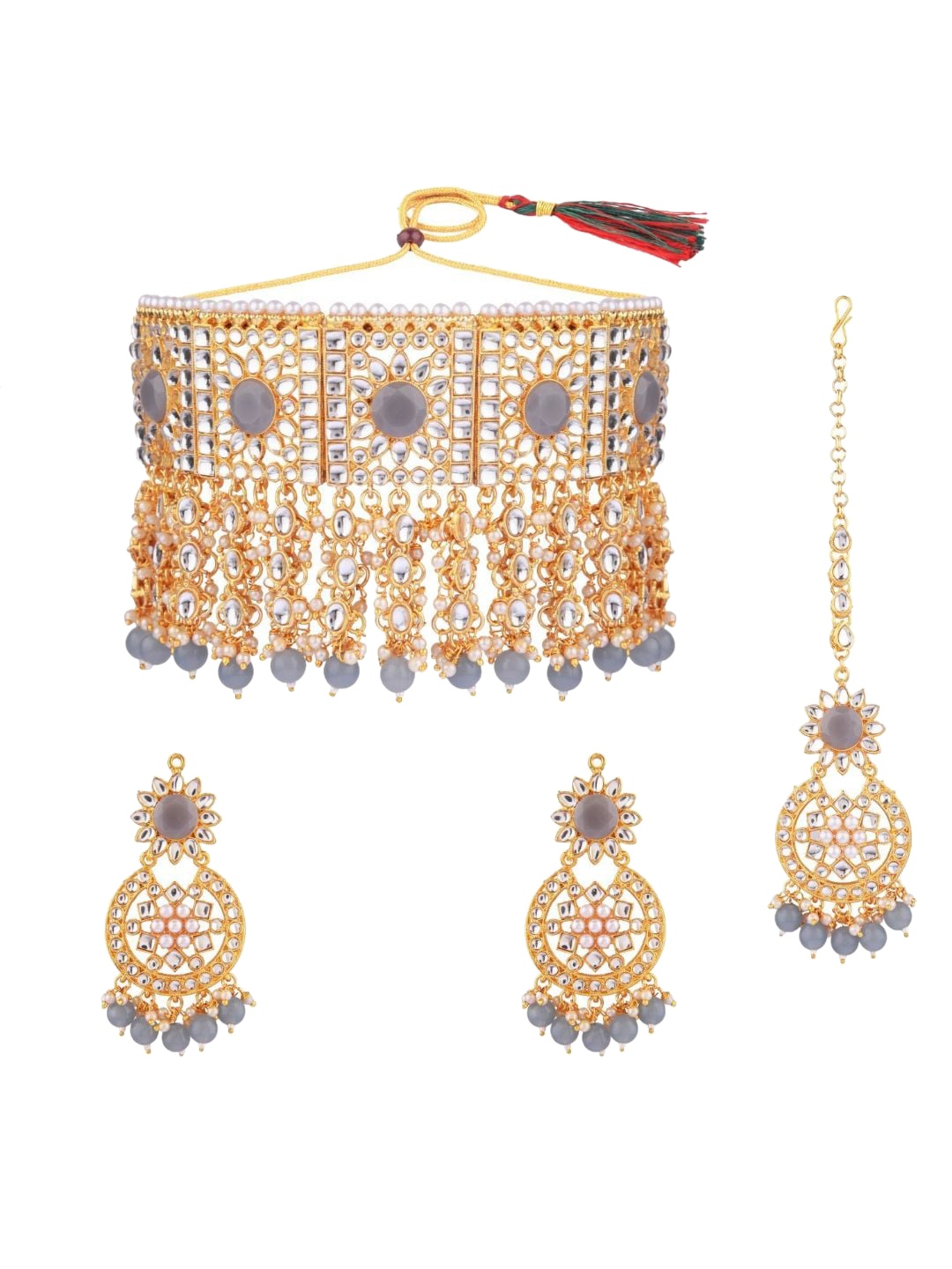 

Efulgenz Gold-Plated White & Grey Stone-Studded & Beaded Traditional Jewellery Set