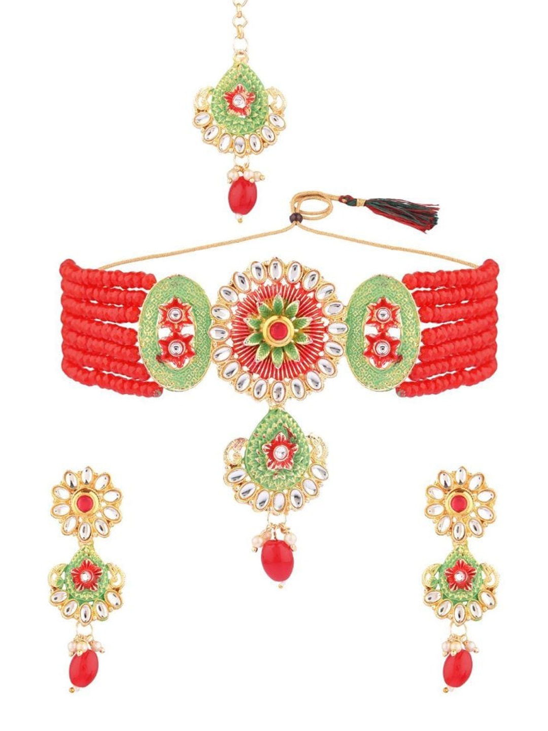 

Efulgenz Gold-Plated Red & White Crystal Studded & Beaded Traditional Jewellery Set