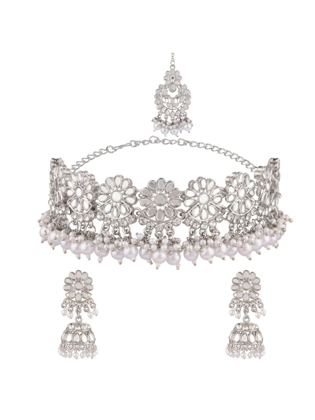 

Efulgenz Rhodium-Plated Silver Coloured & White Crystal Studded Jewellery Set