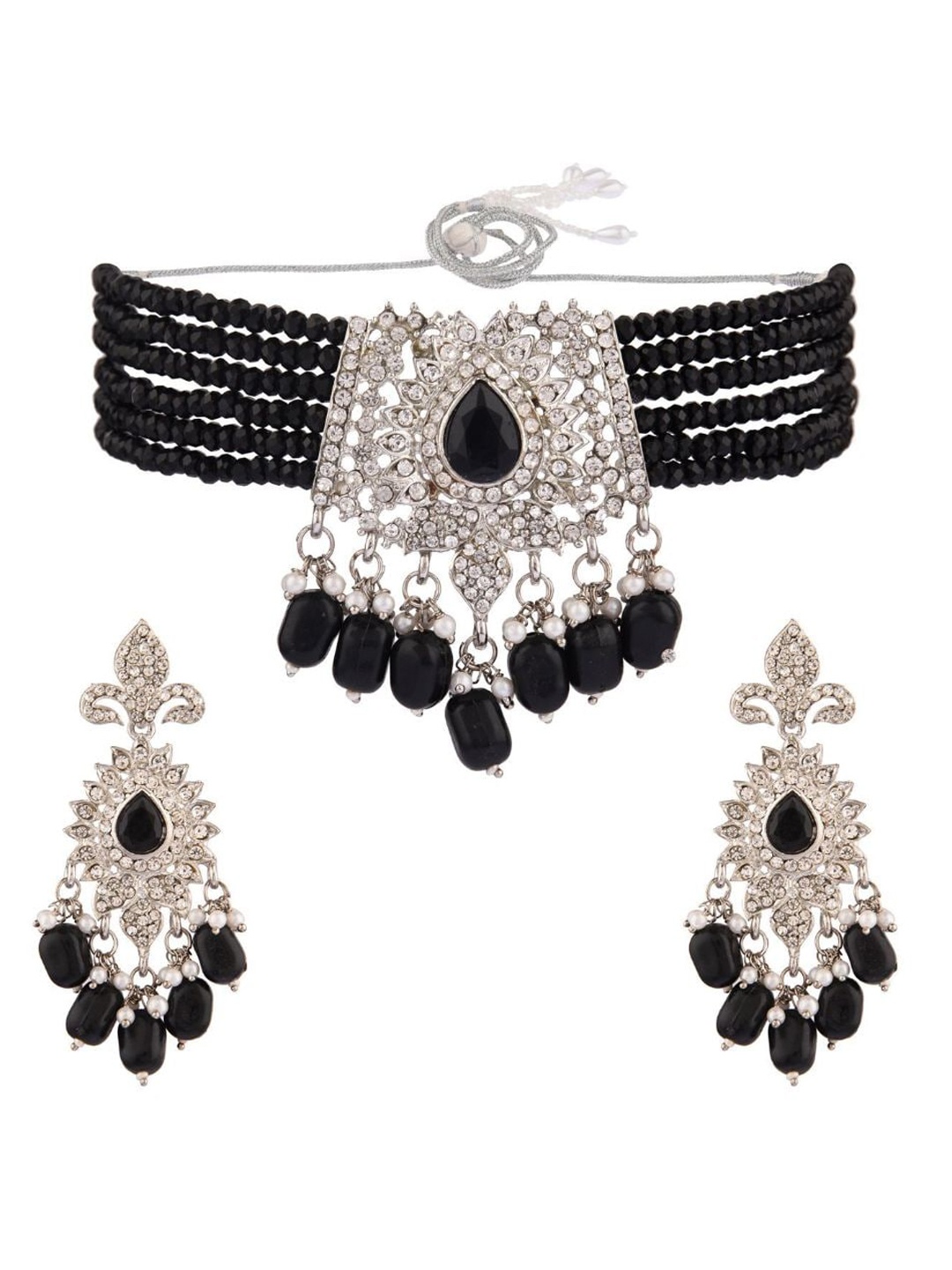 

Efulgenz Rhodium-Plated White & Black Crystal Studded & Beaded Jewellery Set