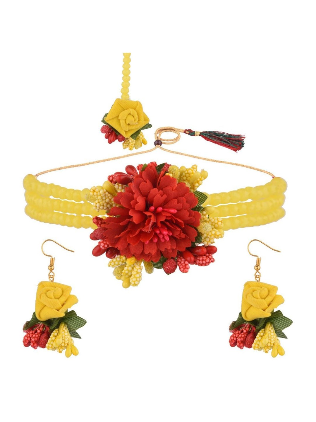

Efulgenz Gold-Plated Yellow & Red Beaded Floral Traditional Jewellery Set