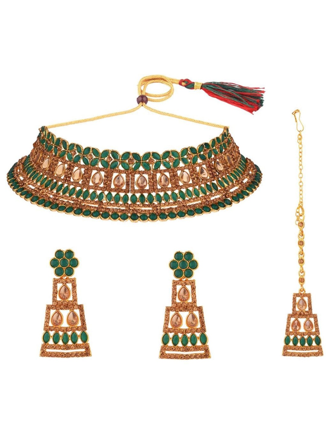 

Efulgenz Gold-Plated Green Crystal Studded & Beaded Jewellery Set