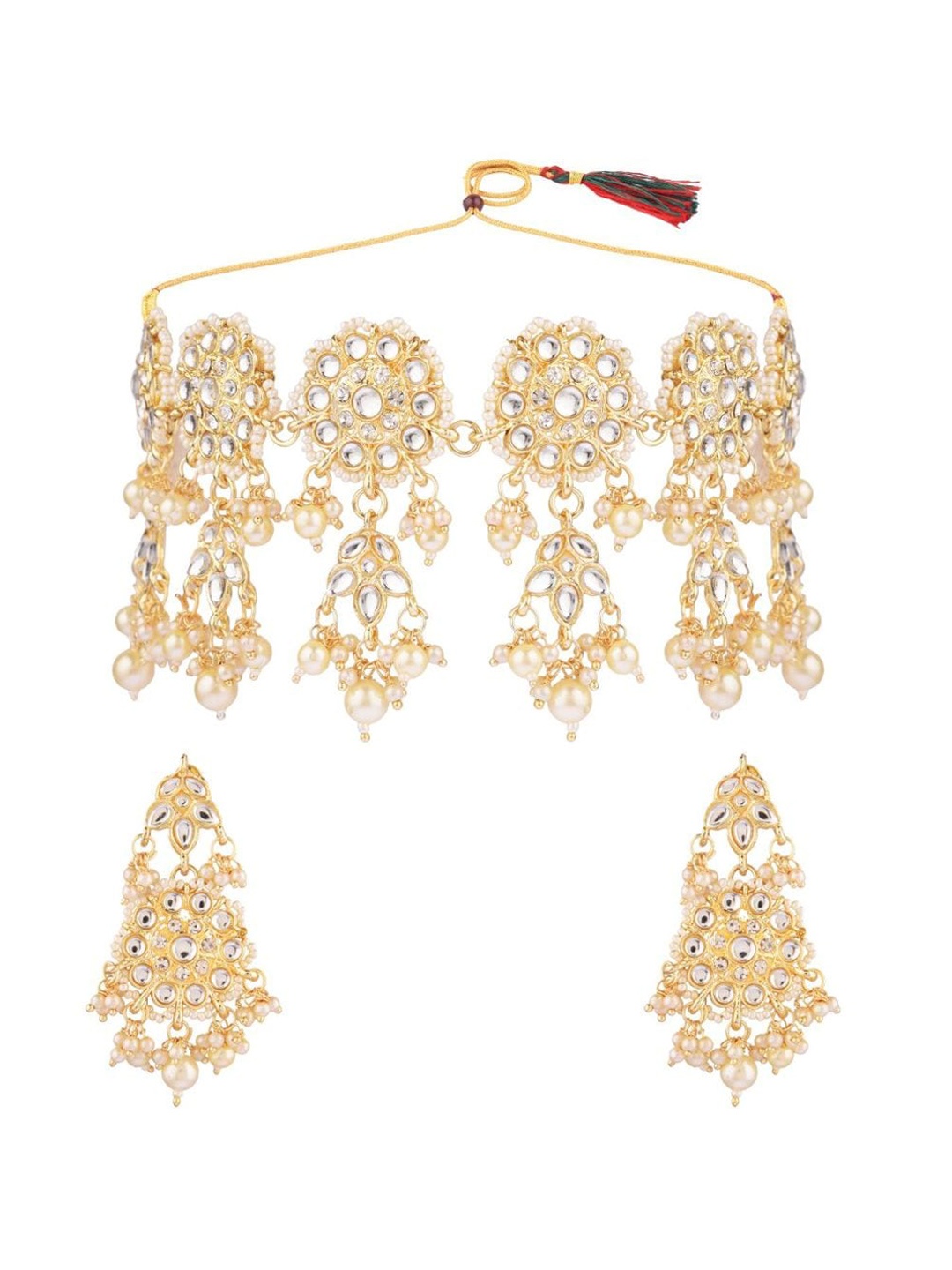 

Efulgenz Gold-Plated White Kundan Studded & Beaded Traditional Jewellery Set