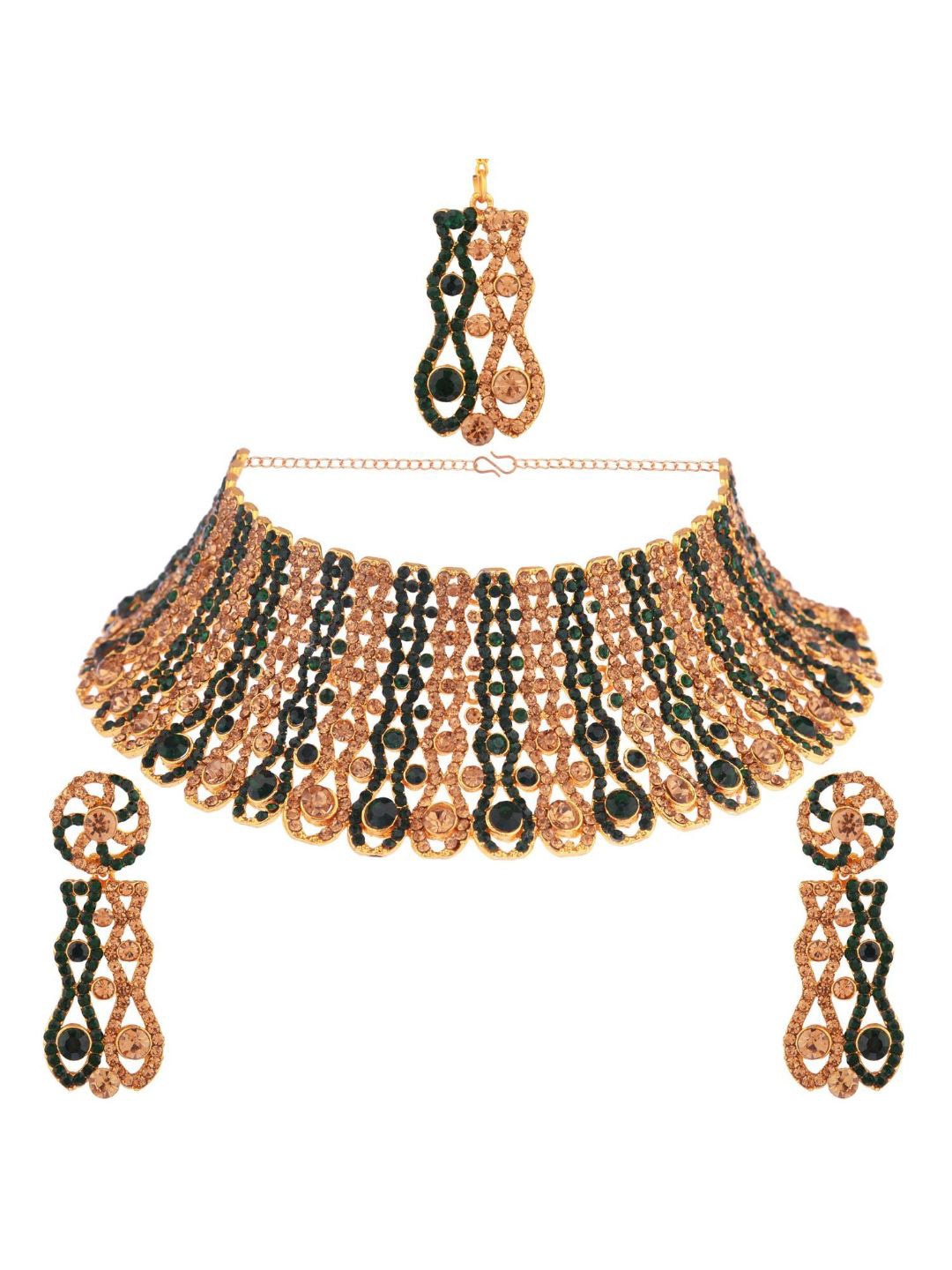 

Efulgenz Gold-Plated Green Crystal Studded & Beaded Traditional Jewellery Set