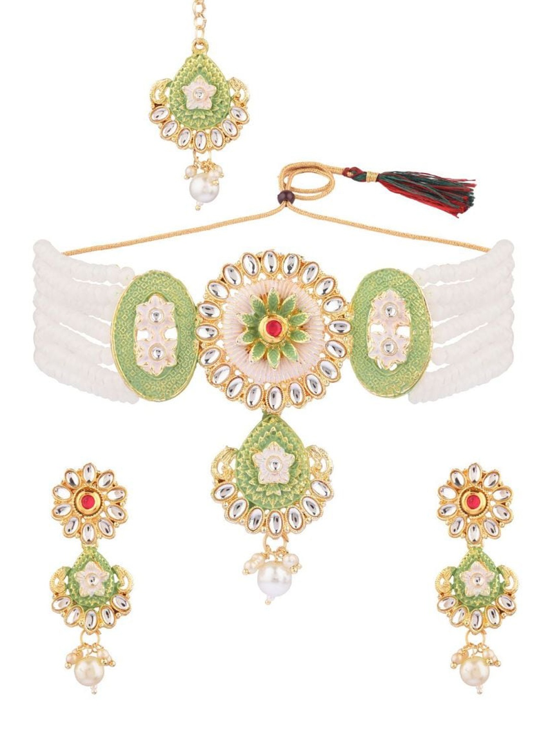 

Efulgenz Gold-Plated Green & White Crystal Studded & Beaded Traditional Jewellery Set