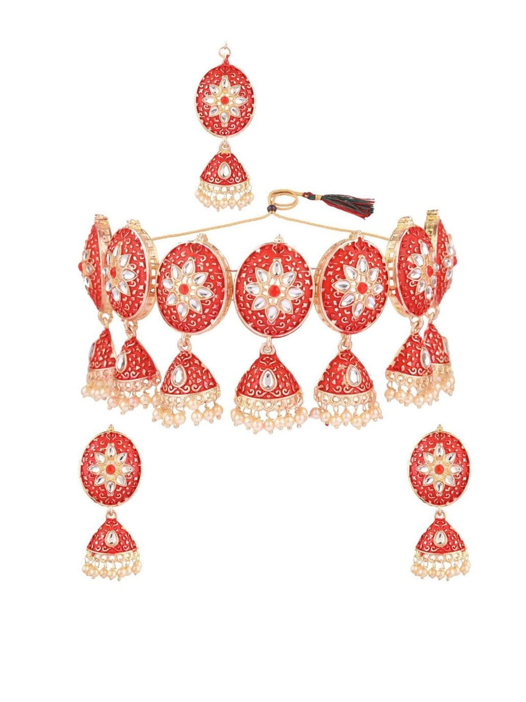 

Efulgenz Gold-Plated Red & White Stone Studded & Beaded Traditional Jewellery Set