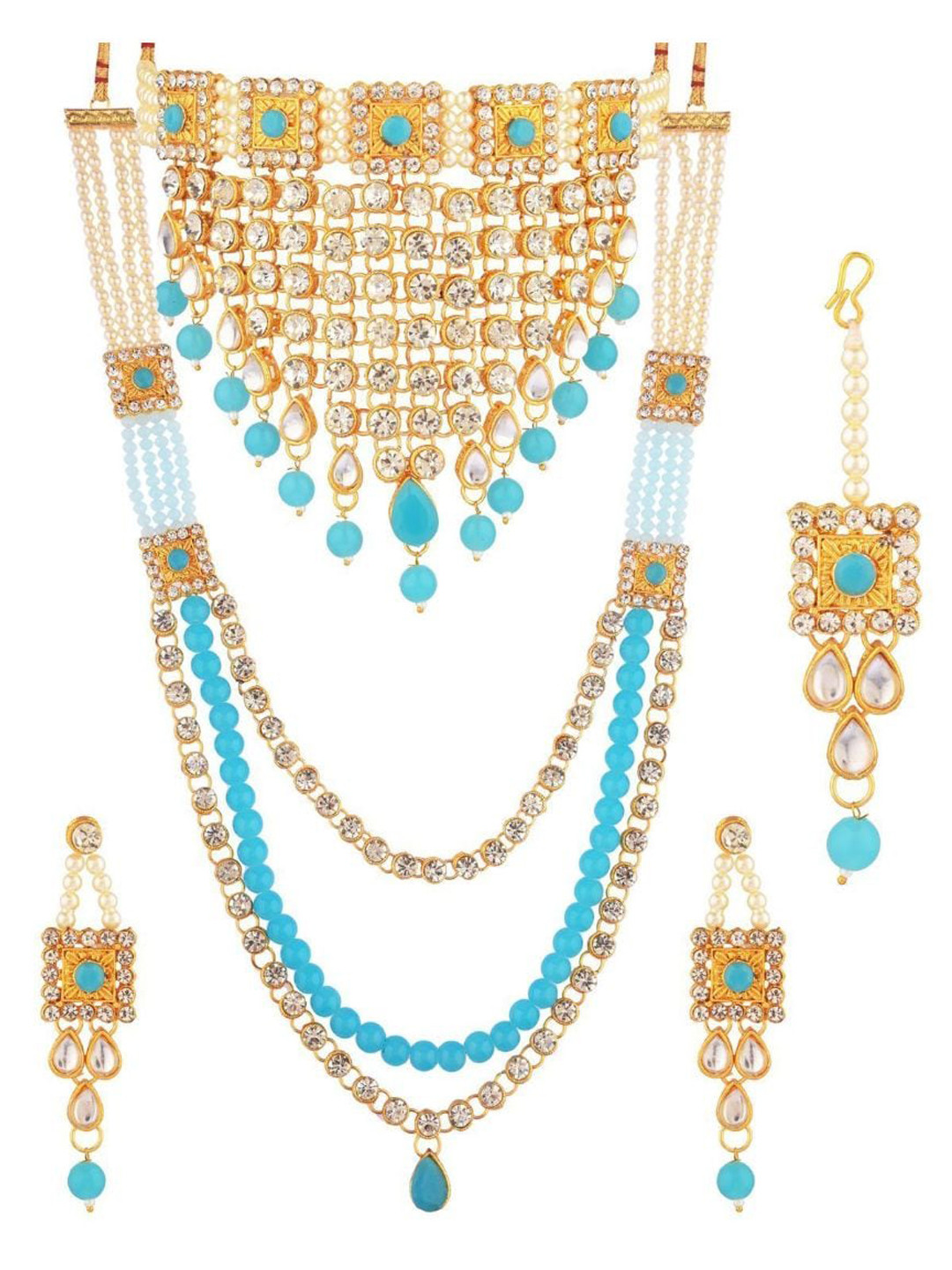 

Efulgenz Gold-Plated White & Blue Kundan-Studded & Beaded Traditional Jewellery Set