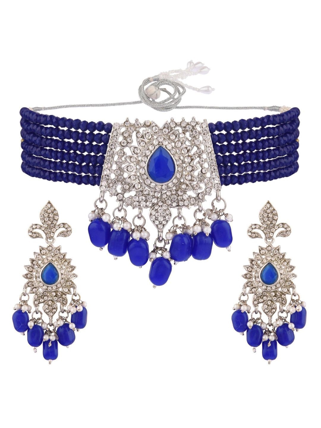 

Efulgenz Rhodium-Plated Blue Stone-Studded & Beaded Jewellery Set