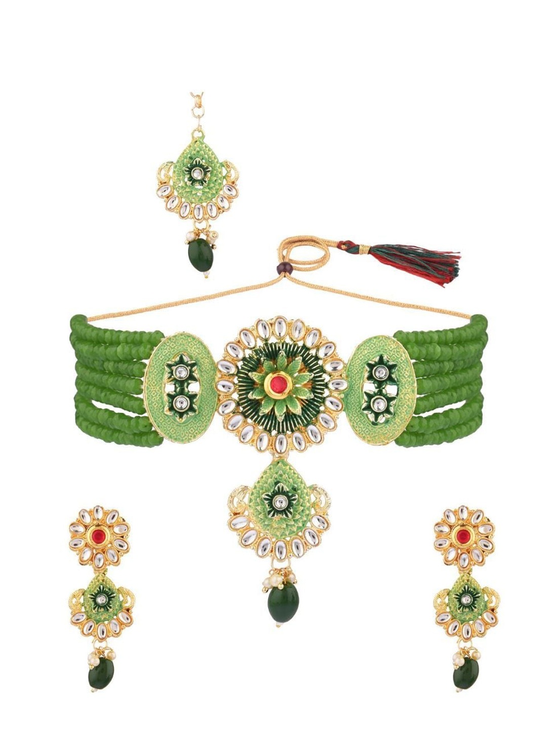 

Efulgenz Gold-Plated Green & White Crystal Studded & Beaded Traditional Jewellery Set