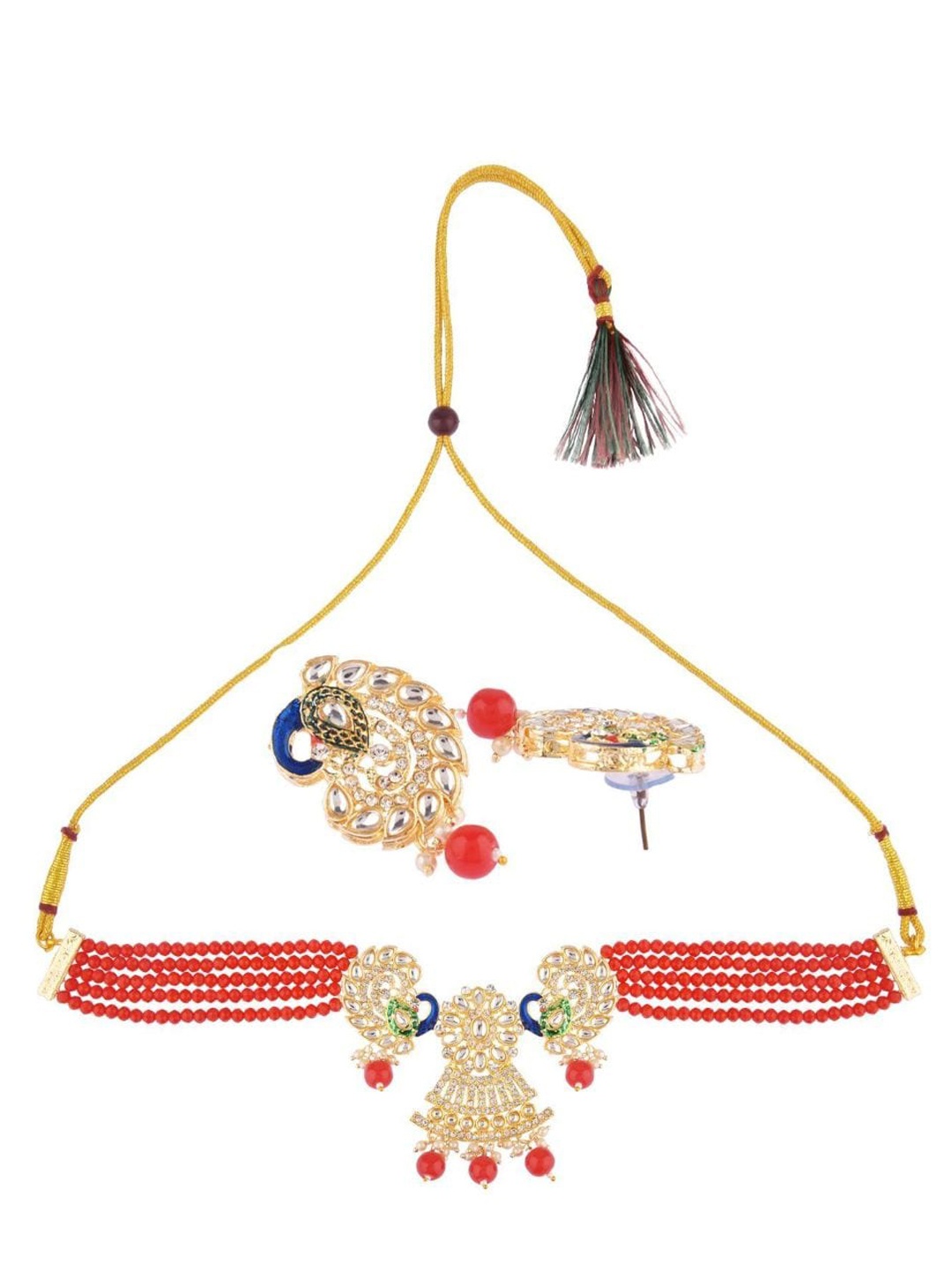 

Efulgenz Gold-Plated Red & Blue Crystal-Studded & Beaded Traditional Jewellery Set