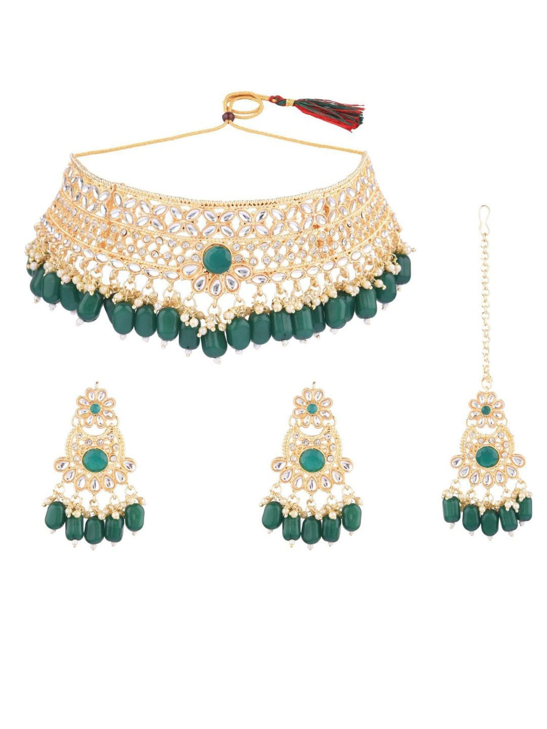 

Efulgenz Gold-Plated Green & White Crystal Studded & Beaded Traditional Jewellery Set