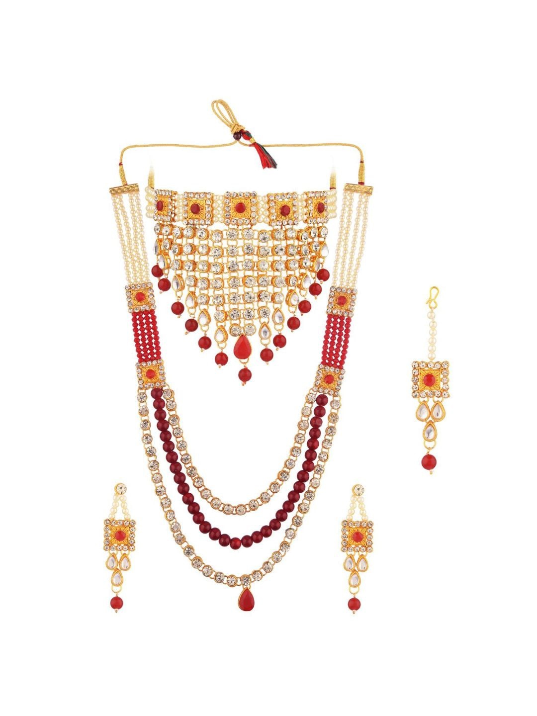 

Efulgenz Gold-Plated Maroon & White Kundan Studded Jewellery Set