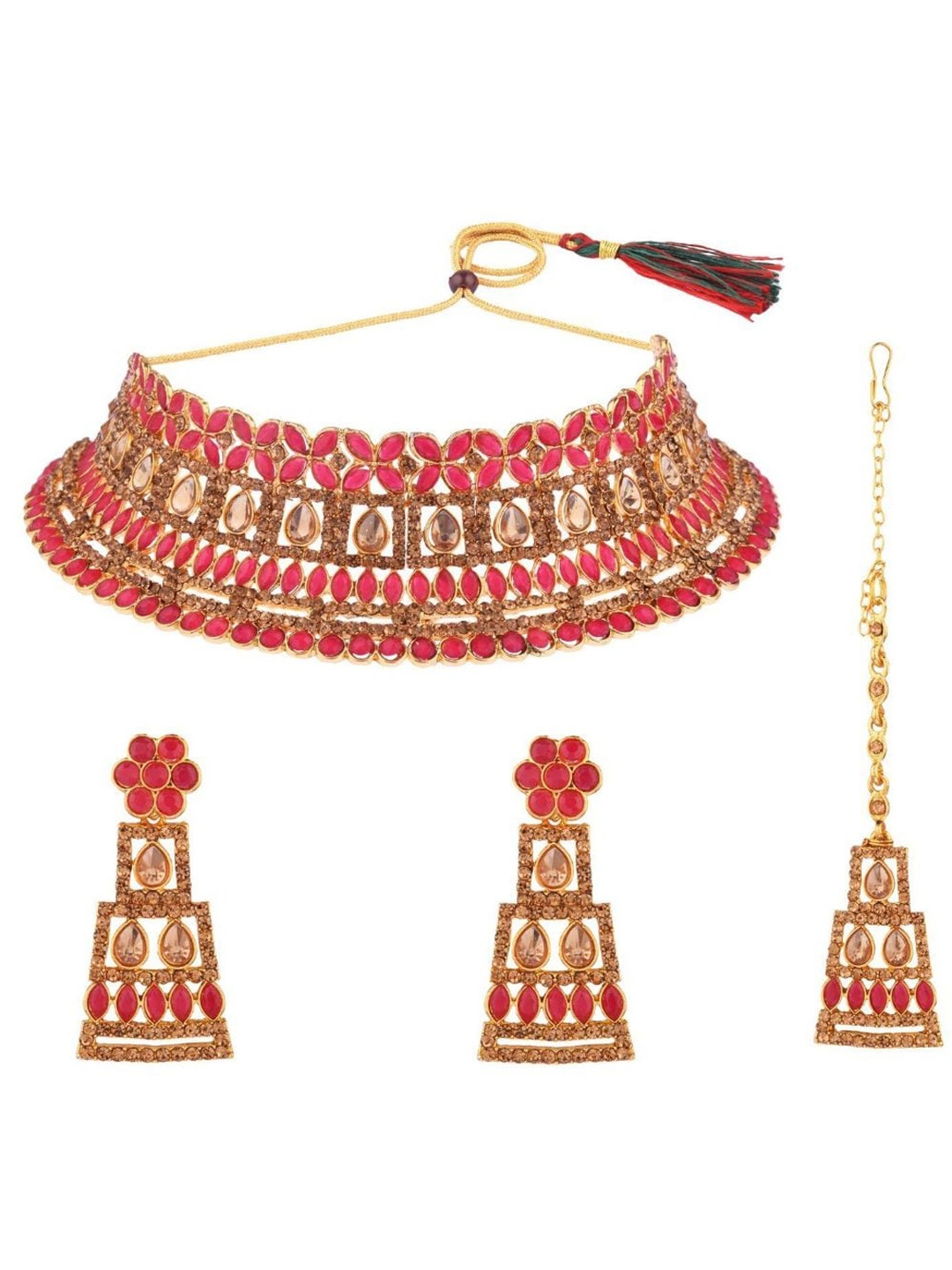 

Efulgenz Gold-Plated Pink Crystal Studded Traditional Jewellery Set