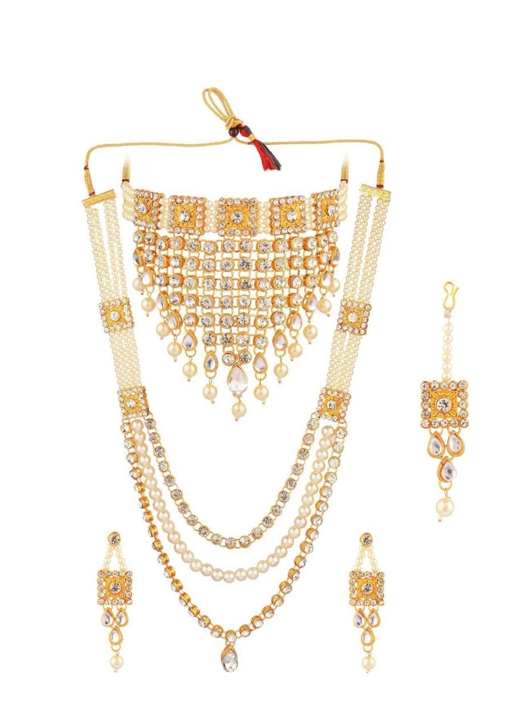 

Efulgenz Gold-Plated White Kundan-Studded & Beaded Traditional Jewellery Set
