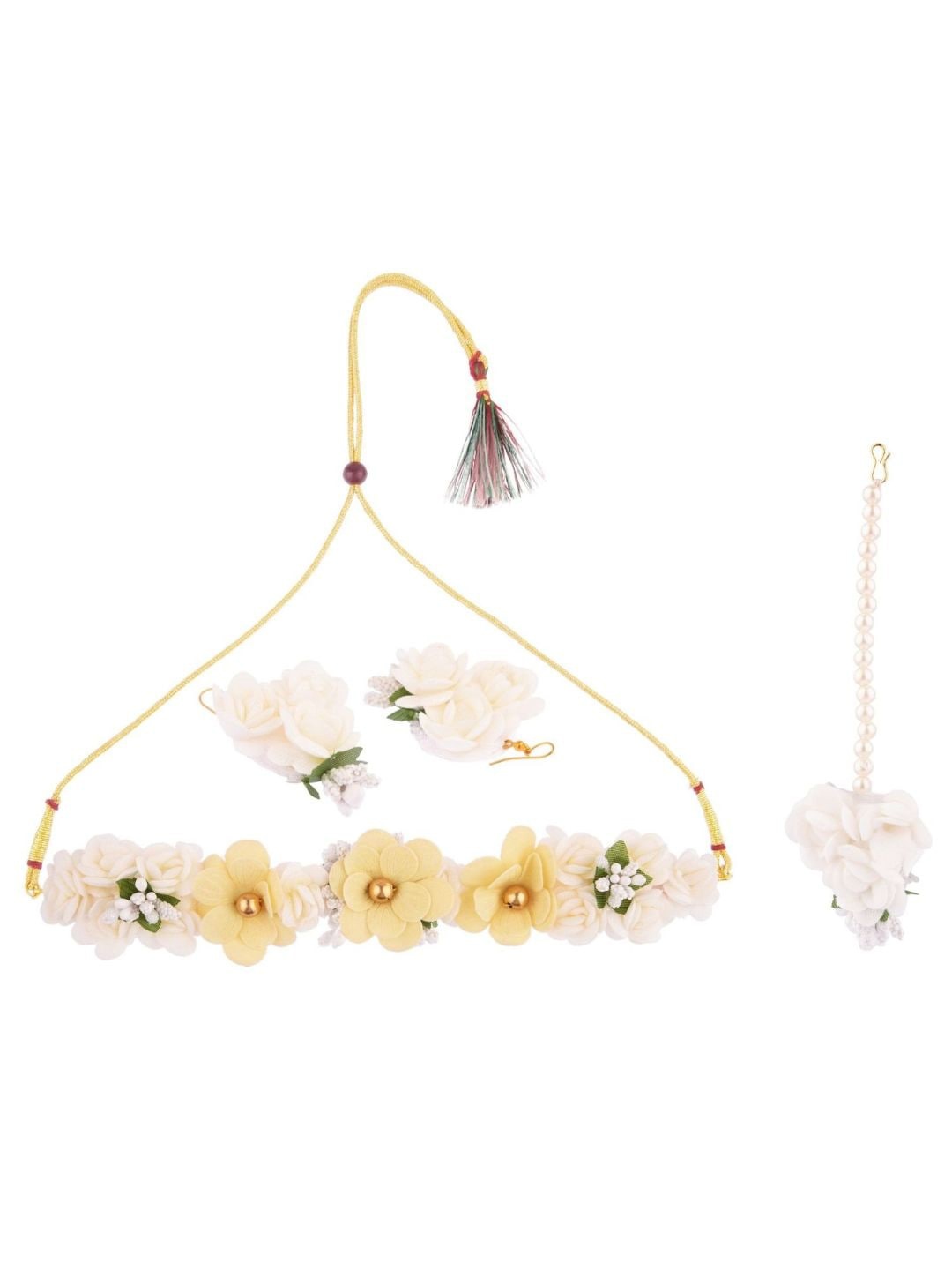 

Efulgenz Gold-Plated White Beaded Floral Haldi Jewellery Set