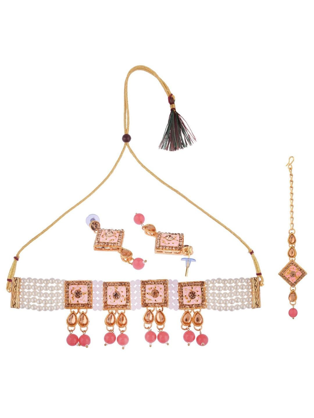 

Efulgenz Gold-Plated Pink & White Crystal Studded & Beaded Traditional Jewellery Set