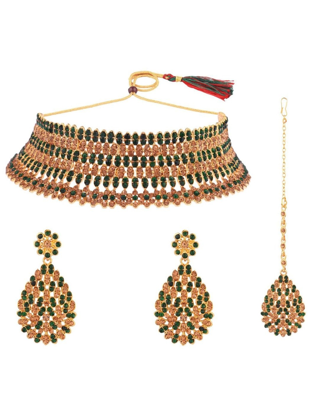 

Efulgenz Gold-Plated Green Crystal Studded Traditional Jewellery Set
