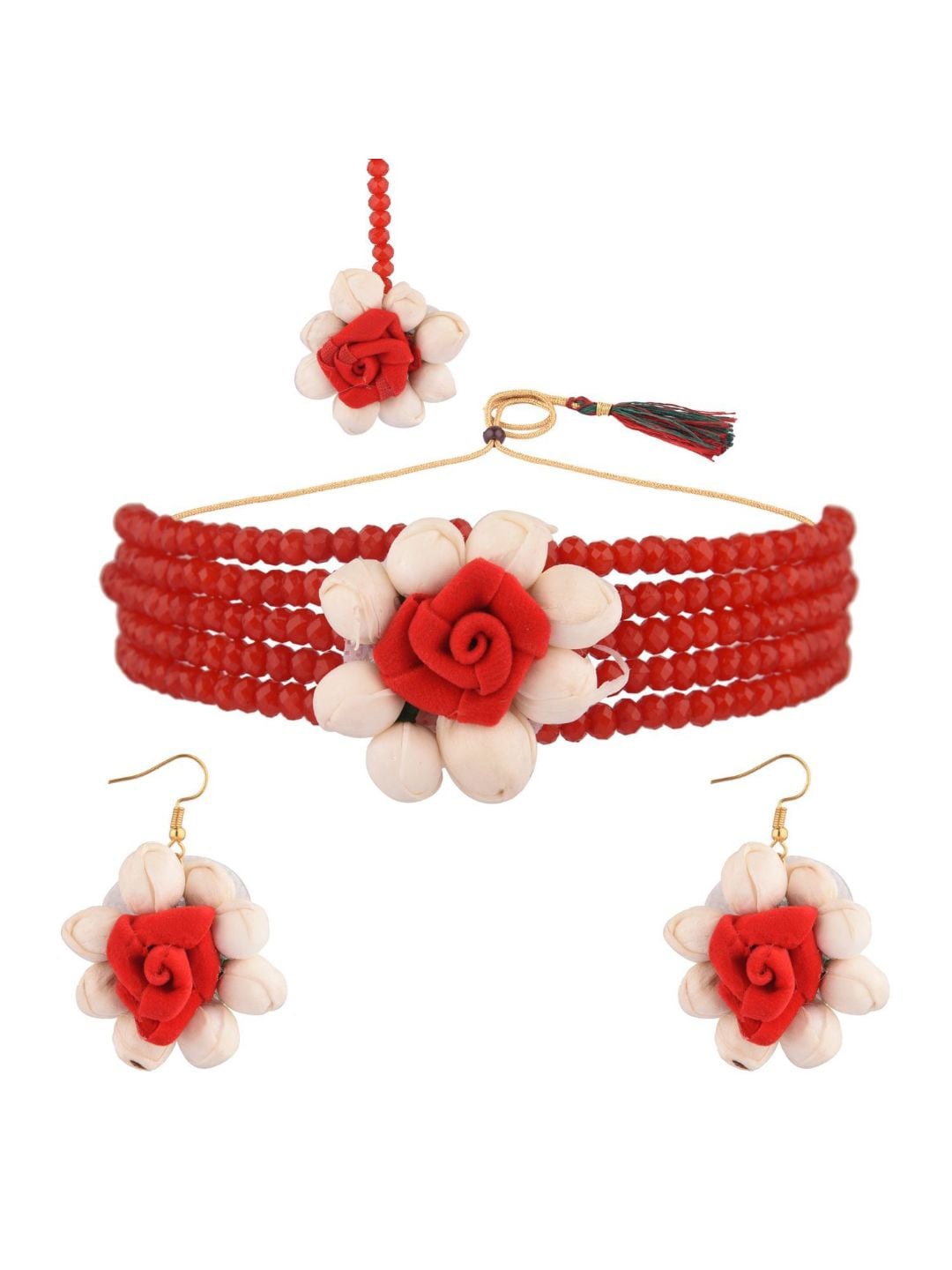 

Efulgenz Gold-Plated White & Red Stone Studded & Beaded Floral Haldi Jewellery Set