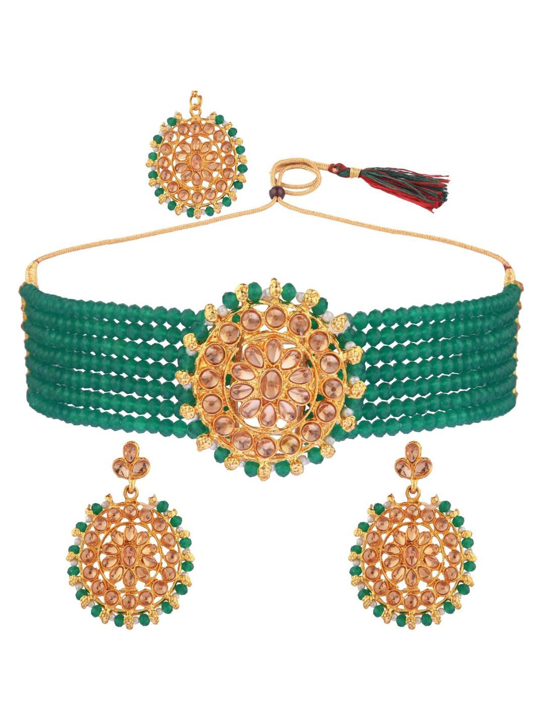 

Efulgenz Gold-Plated Green Crystal Studded & Beaded Traditional Jewellery Set