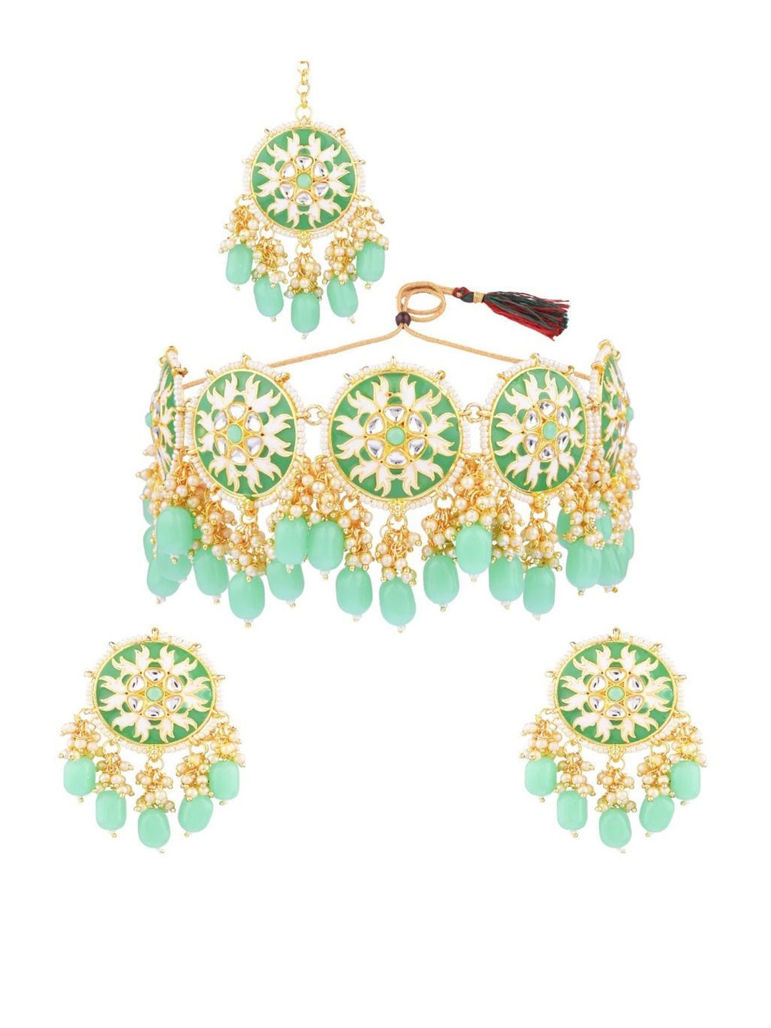 

Efulgenz Gold-Plated White & White Kundan-Studded & Beaded Traditional Jewellery Set