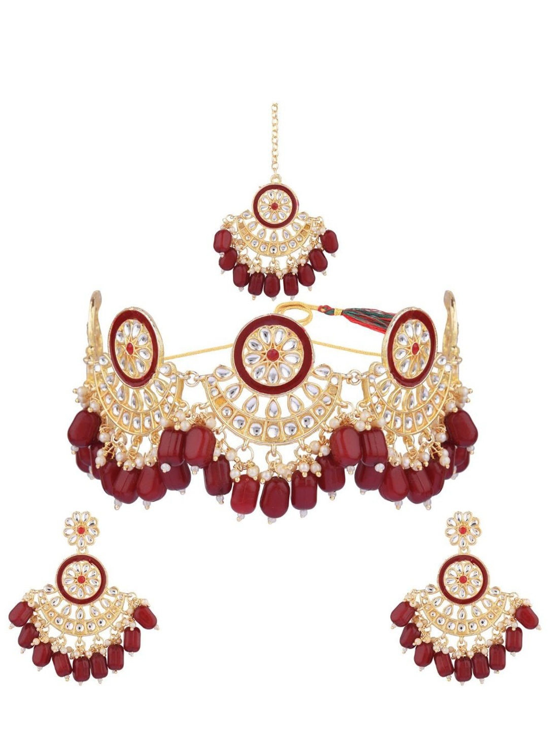 

Efulgenz Gold-Plated White & Maroon Kundan-Studded & Beaded Traditional Jewellery Set