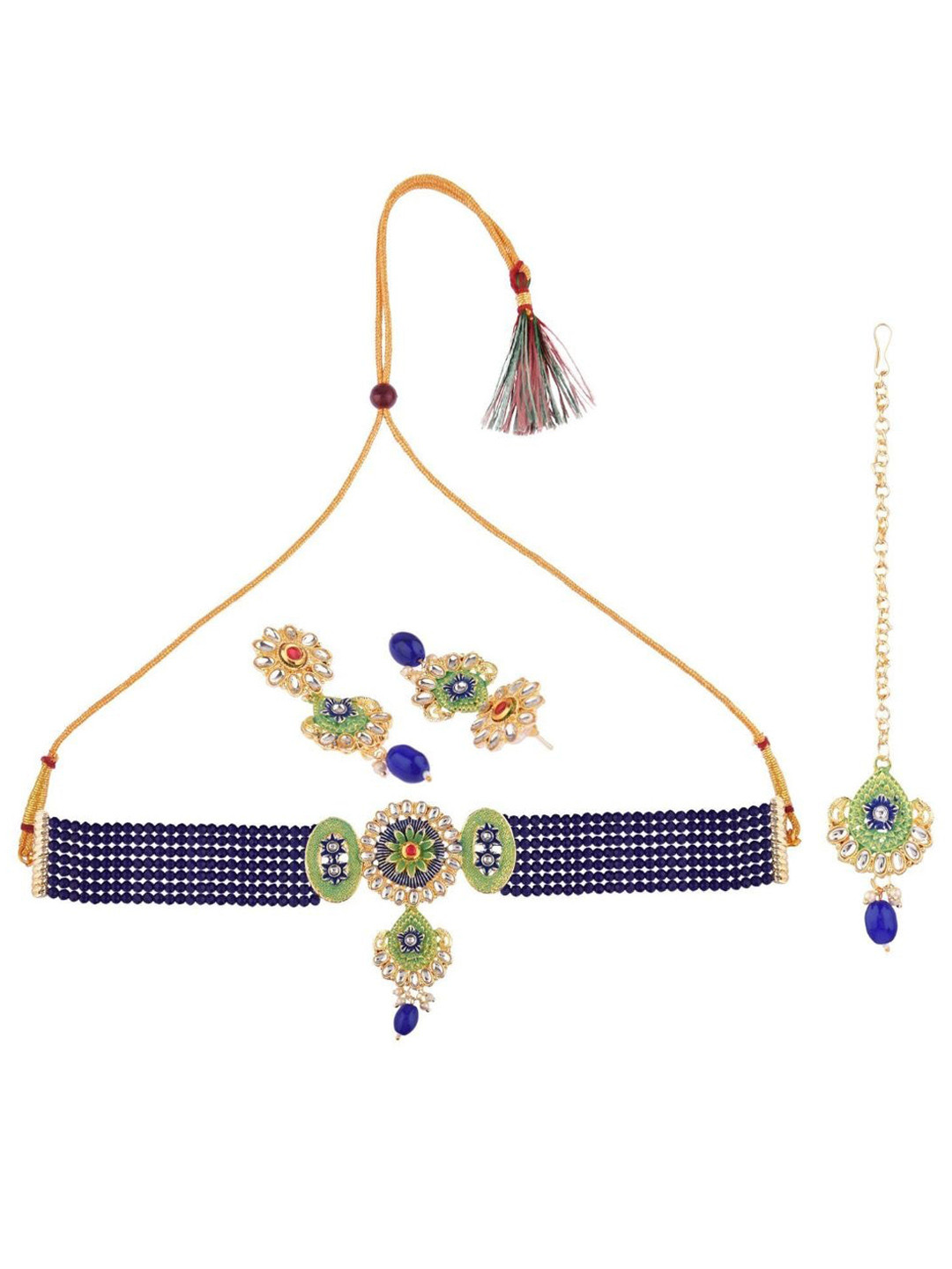 

Efulgenz Gold-Plated Blue & White Crystal Studded & Beaded Traditional Jewellery Set