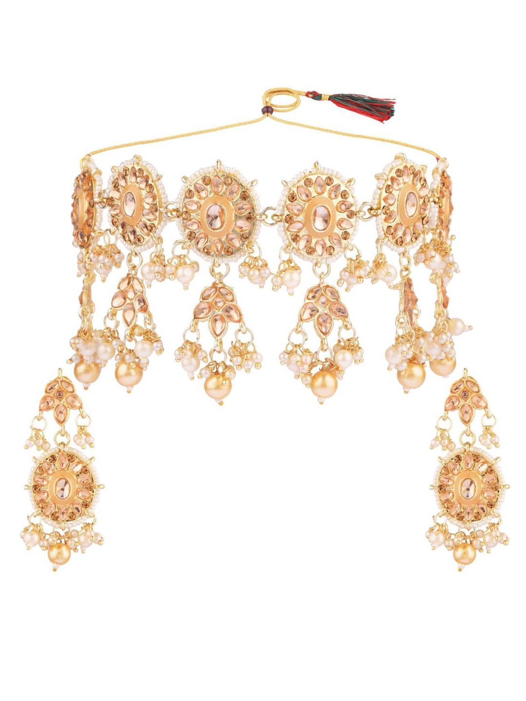 

Efulgenz Gold-Plated White & Brown Stone-Studded & Pearl Beaded Jewellery Set