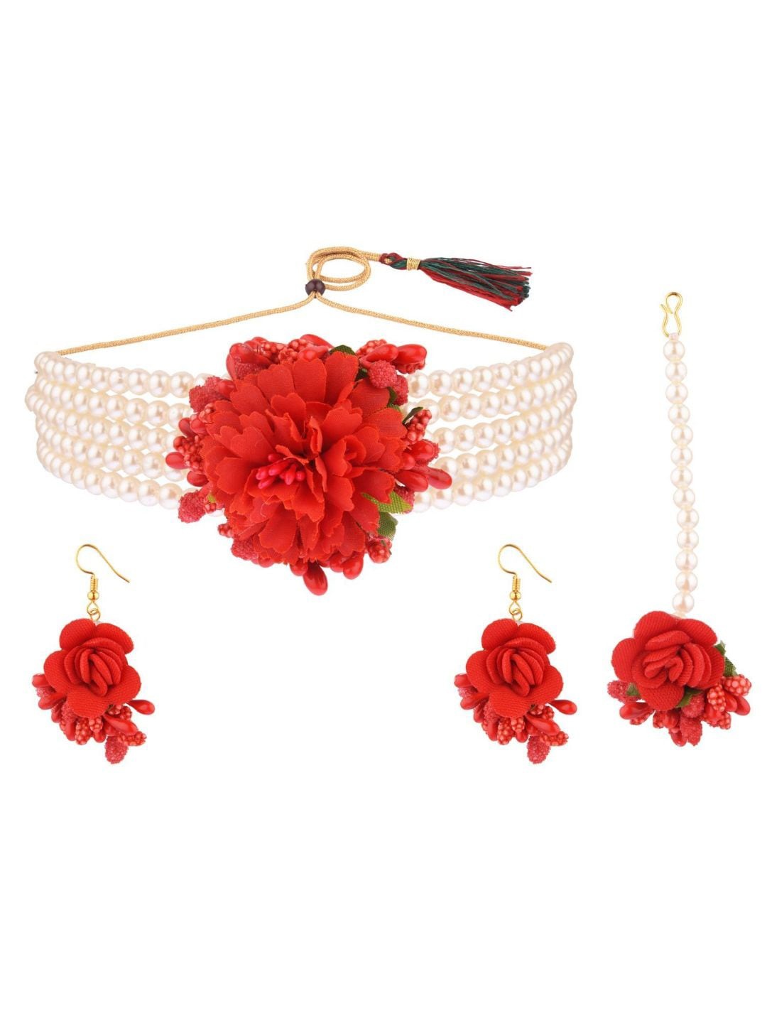 

Efulgenz Gold-Plated White & Red Beaded Floral Haldi Traditional Jewellery Set