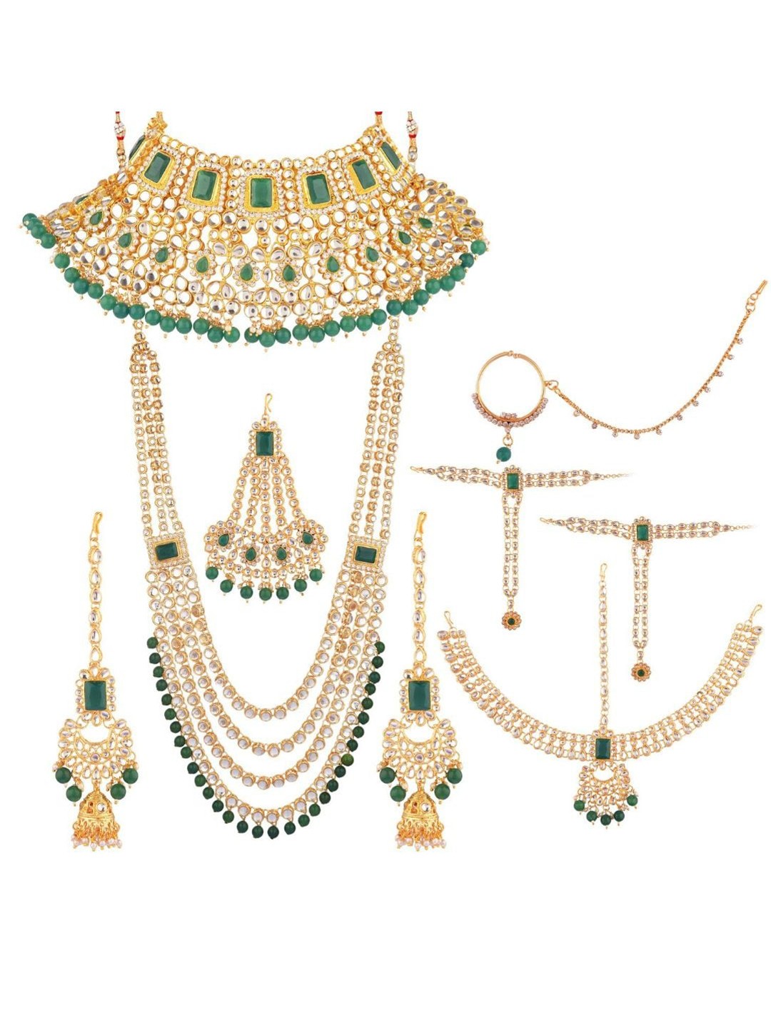 

Efulgenz Gold-Plated Green & White Crystal Studded & Beaded Traditional Bridal Jewellery Set